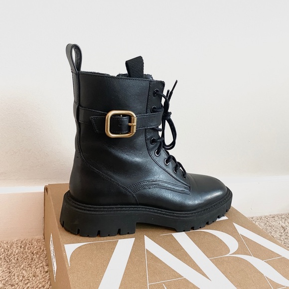 ZARA Black Leather Combat Boot Lace + Buckle Closure Size EU 38 [2177-811-040] - Picture 3 of 12